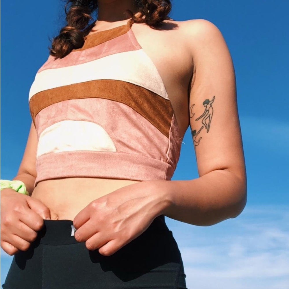 By Together Faux Suede Pink, Cream and Tan Halter Tie Crop Top Size S